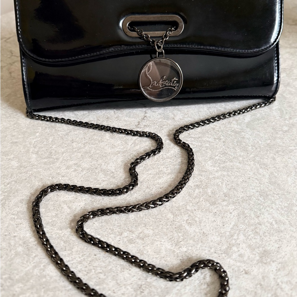 Christian Louboutin Black Patent Leather Chain Clutch Crossbody w/ Entrupy COA